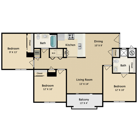 Floor plan for 3 beds, 2 baths, 1088 sqft